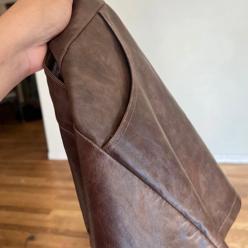 Cider Brown Faux Leather Mini Skirt Distressed A-Line Pockets XL